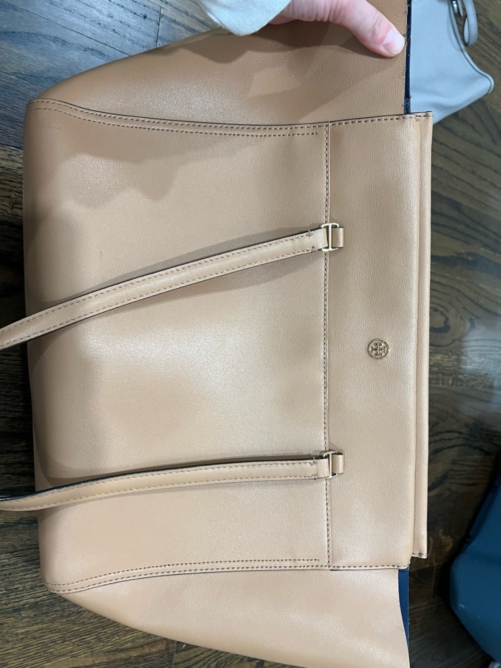 Tory Burch Nude Tan Leather Tote with Logo Medallion